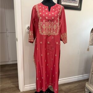Biba Red Long Sleeve Dress with Gold Embroidery